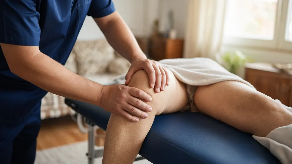 Fisioterapeuta tratando una prótesis de rodilla a domicilio en Madrid
